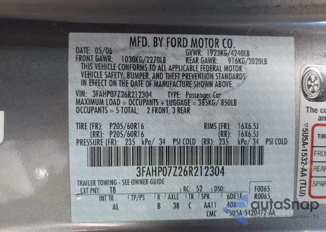 2006 Ford Fusion Se from USA, damaged, VIN 3FAHP07Z26R212304